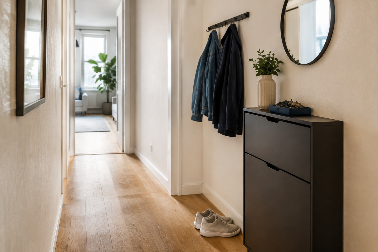 Schmaler heller Flur mit einem generischen dunklen Schuhschrank